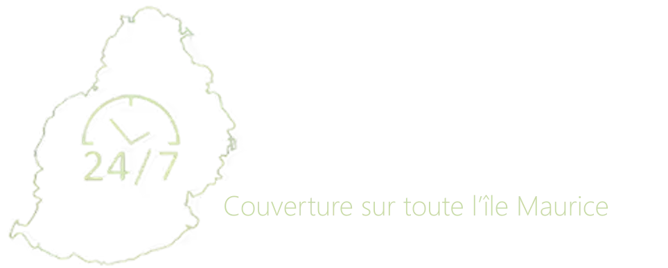 Carte de Maurice avec une icône 24h/24 et 7j/7 et le texte « Vous restez chez vous, nous venons à vous » – couverture sur toute l’île Maurice